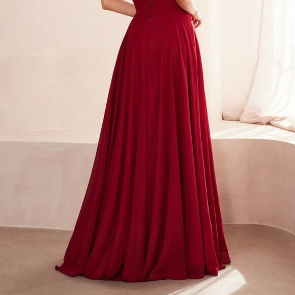 New A-Line Strapless Chiffon Dress w/ Scarf Accessory & Lace Up Back CD T703 - Picture 7 of 10